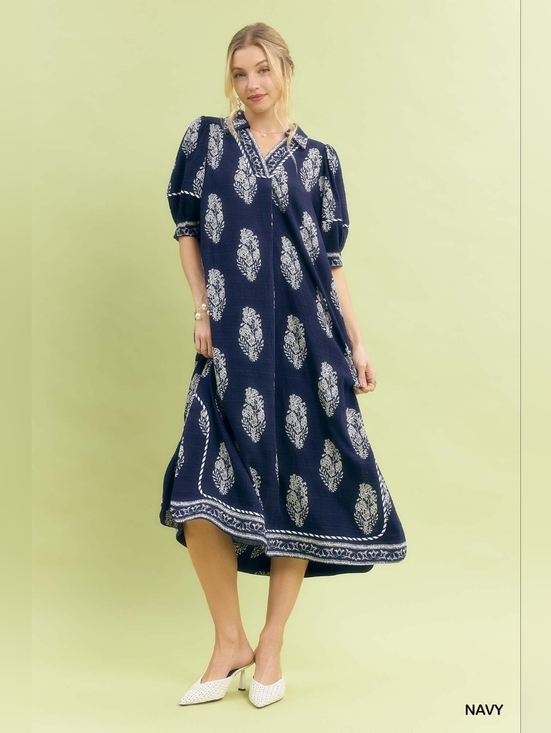 Umgee Dresses & Skirts - Umgee Border Print Collared Midi Dress